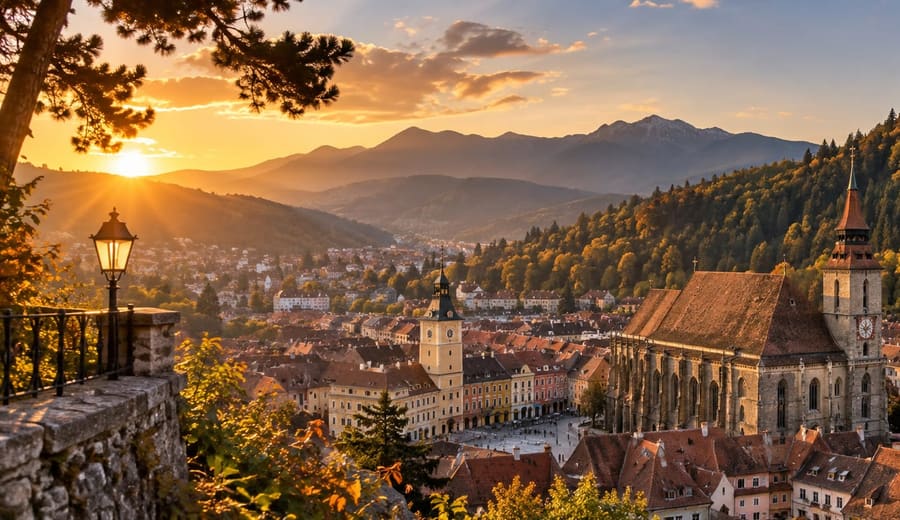 Brașov below Tâmpa — the Council Square and the Black Church